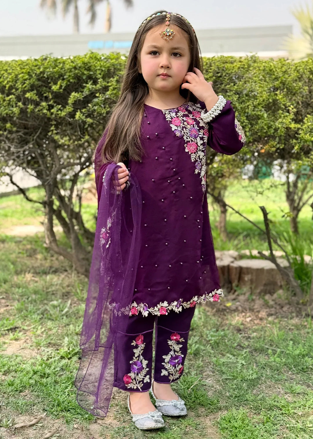Modest Girls RTW Embroidered Chiffon 3 Piece Suit Pearl Cape Wedding Collection