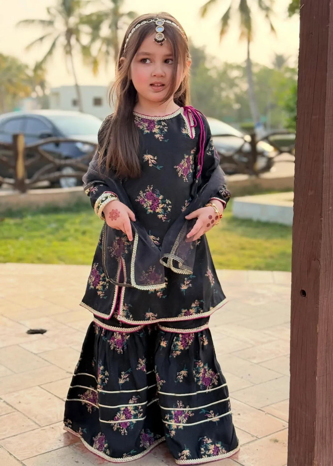 Modest Girls RTW Printed Silk 3 Piece Suit Black Wedding Collection