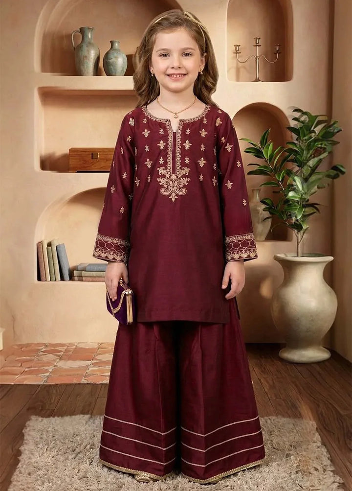 Modest Girls RTW Embroidered Viscose 3 Piece Suit Maroon Wedding Collection