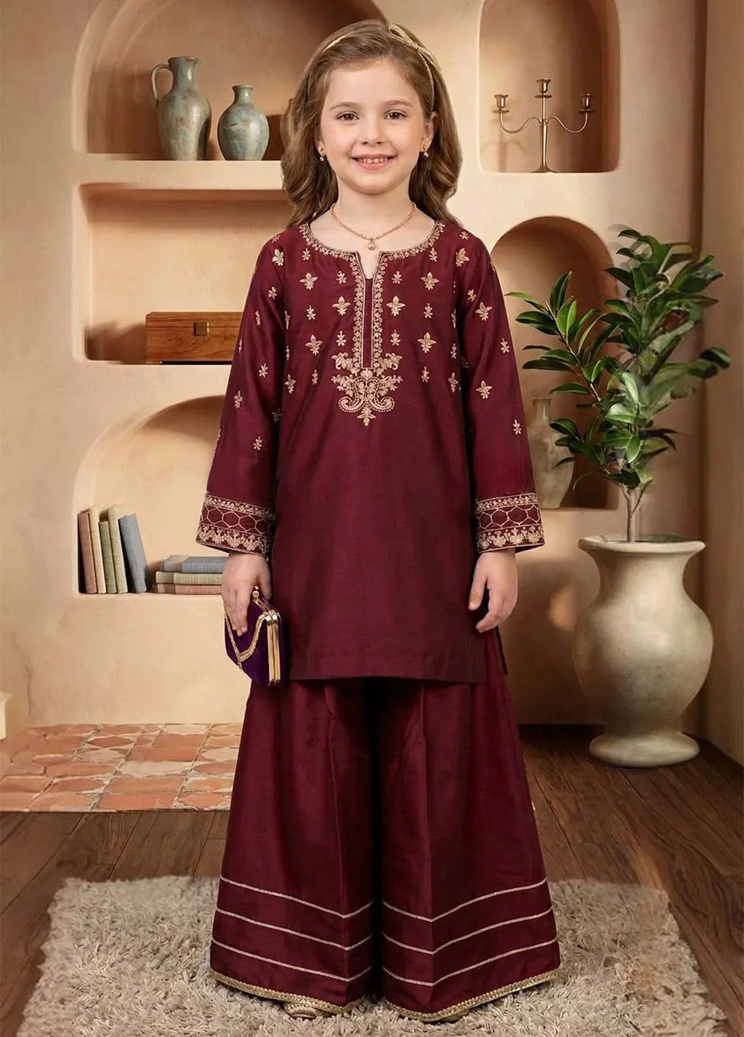 Modest Girls RTW Embroidered Viscose 3 Piece Suit Maroon Wedding Collection
