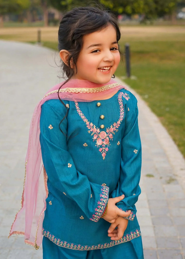 Modest Girls RTW Embroidered Silk 3 Piece Suit Rawsilk Gharara Wedding Collection