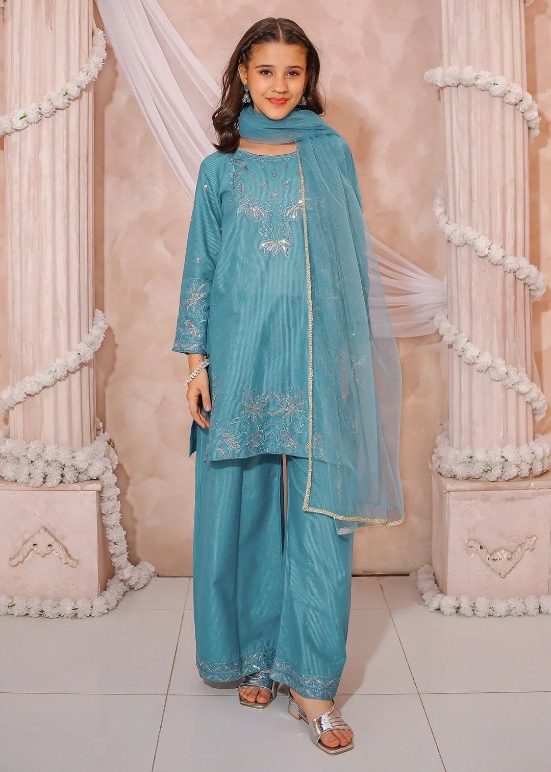 Modest Girls RTW Embroidered Mesuri 3 Piece Suit Blue-M1 Festive Collection