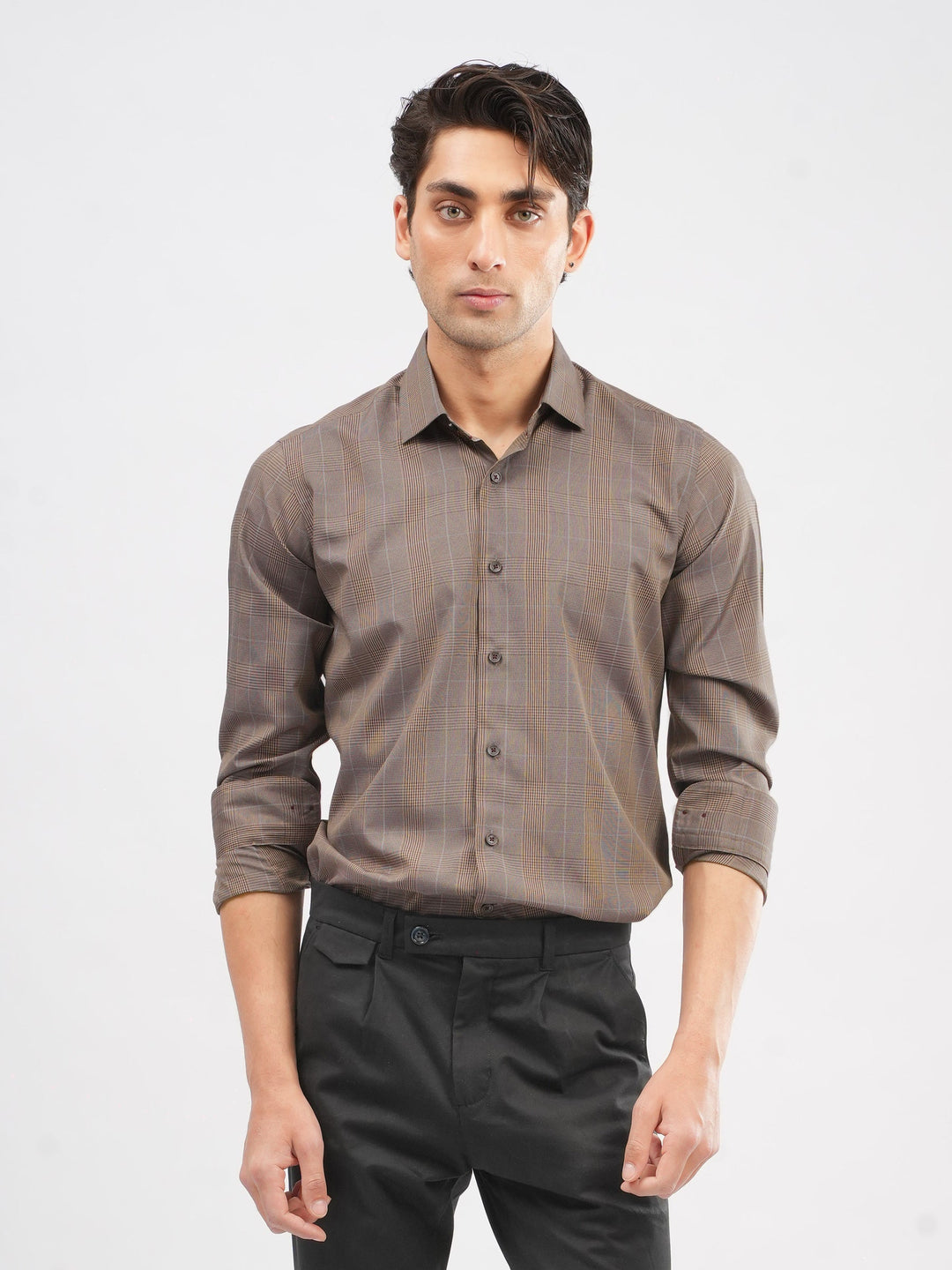Brumano Mens RTW Solids Cotton Shirt Auburn Brown Tartan Casual Collection