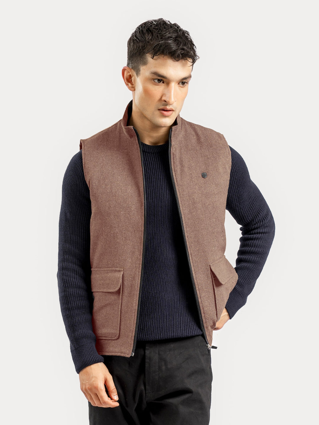 Brumano Mens RTW Solids Cotton Jacket Auburn Brown Sleeveless Winter Collection