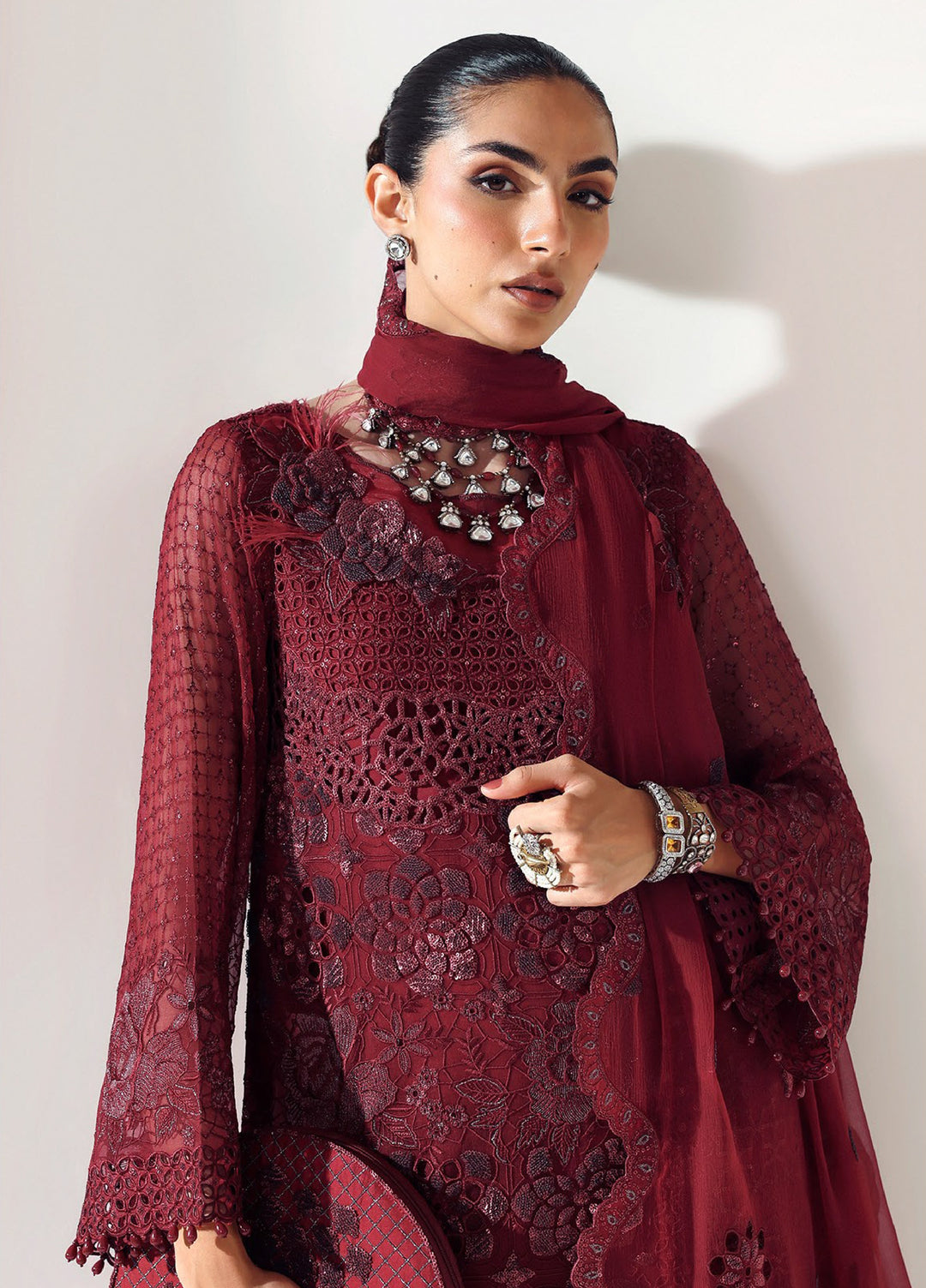 Aymal by Alizeh Fashion Unstitched Chiffon Luxury Embroidered Suits 3 Piece AFB25BC D-02 Rika Maroon - Formals Collection