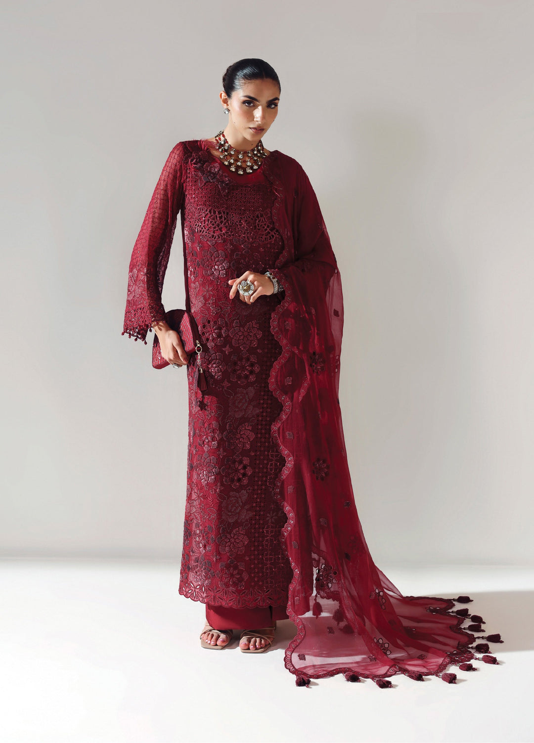 Aymal by Alizeh Fashion Unstitched Chiffon Luxury Embroidered Suits 3 Piece AFB25BC D-02 Rika Maroon - Formals Collection
