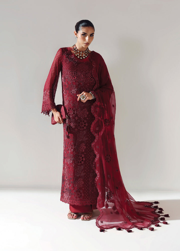Aymal by Alizeh Fashion Unstitched Chiffon Luxury Embroidered Suits 3 Piece AFB25BC D-02 Rika Maroon - Formals Collection