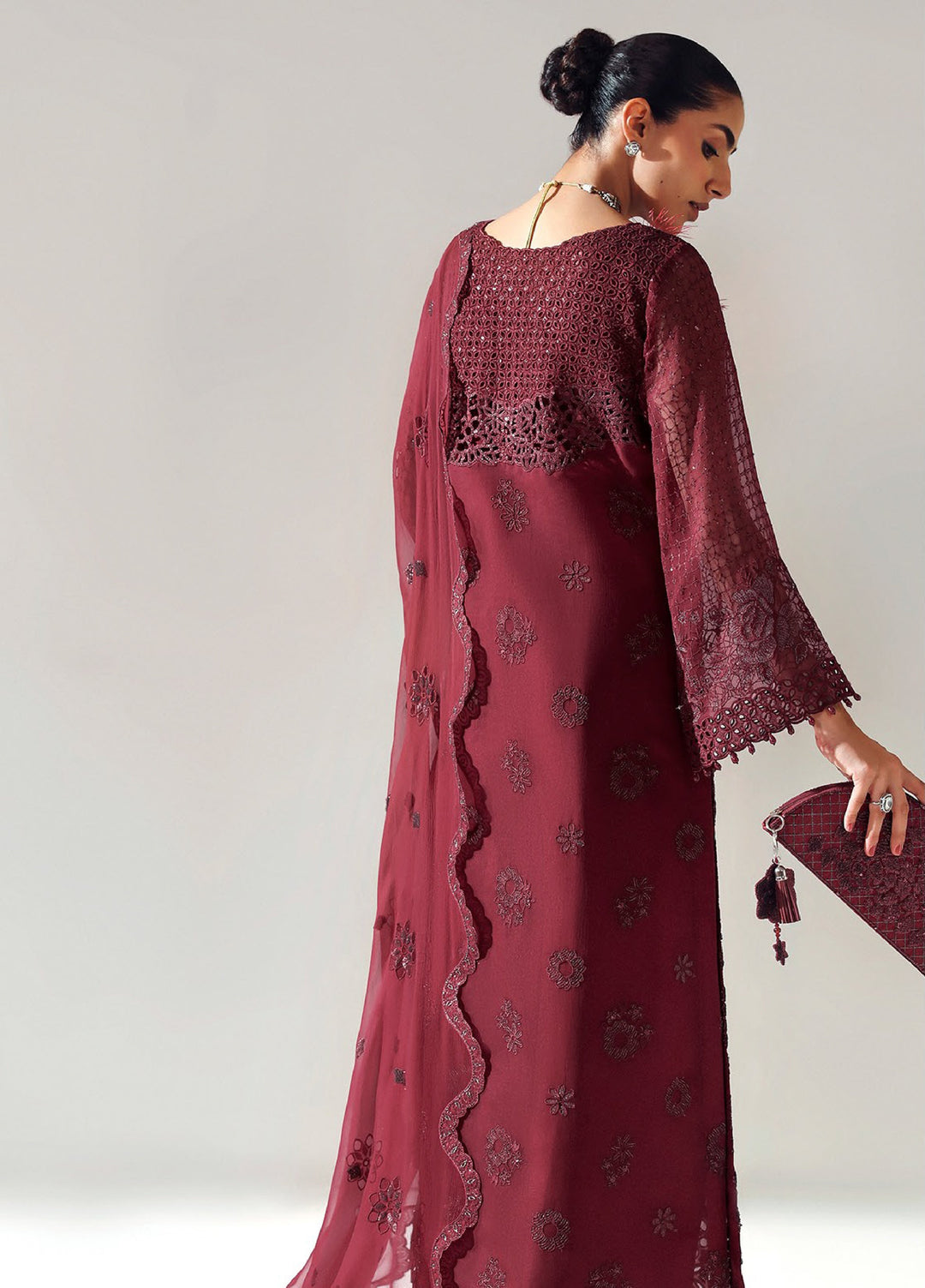 Aymal by Alizeh Fashion Unstitched Chiffon Luxury Embroidered Suits 3 Piece AFB25BC D-02 Rika Maroon - Formals Collection
