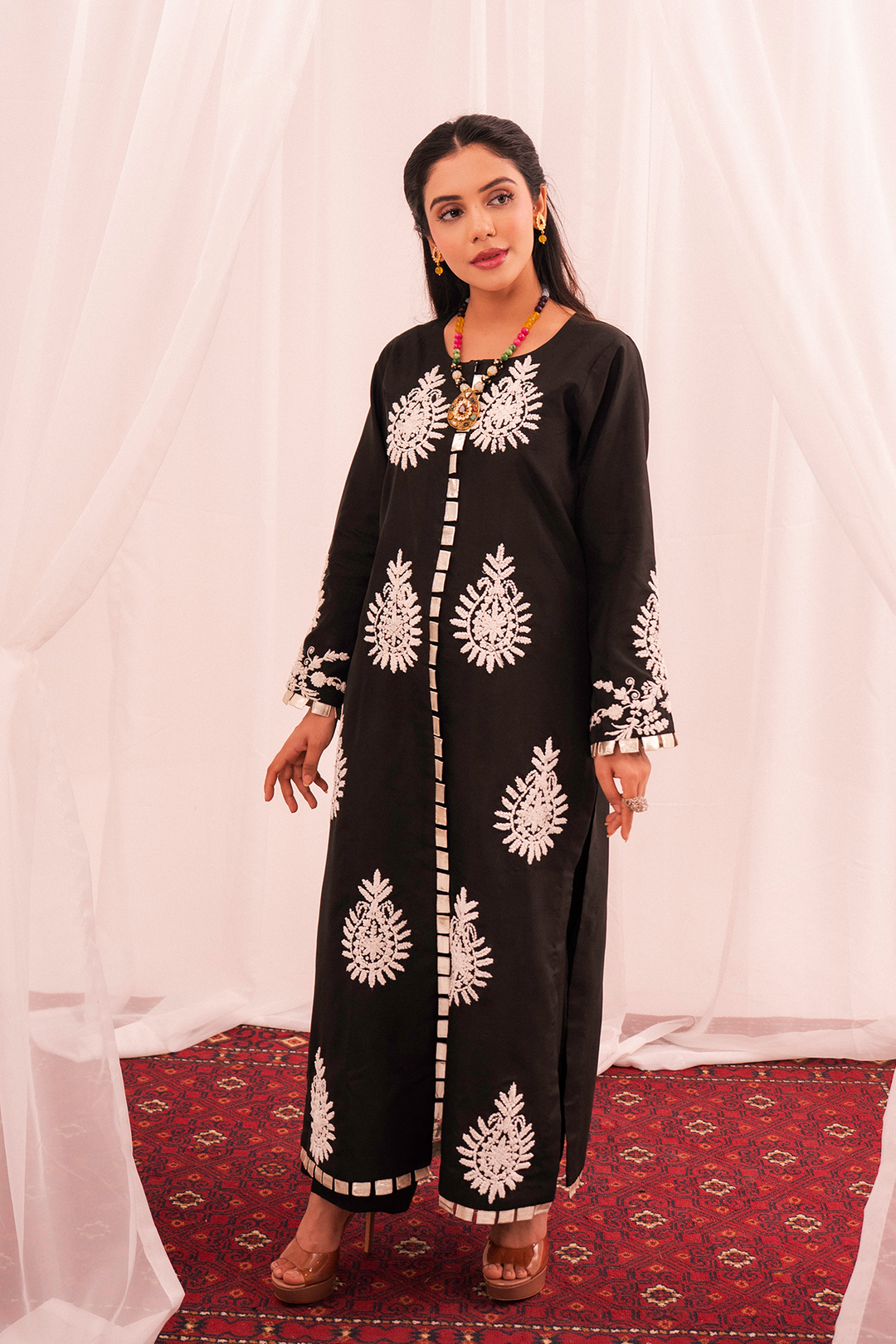 Maham Sultan Women RTW Embroidered Butter Silk 3 Piece Suit NOIR - Eid Collection