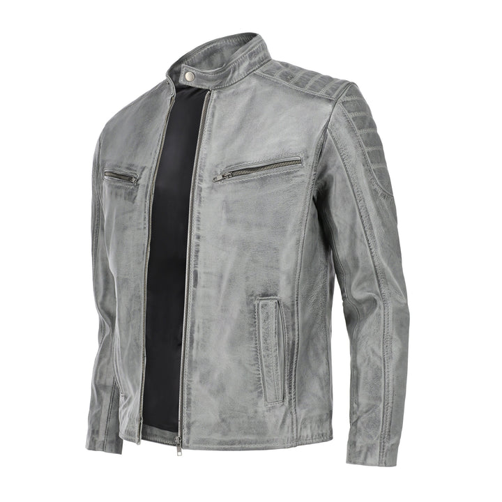 Mens Grey Wax Lambskin Biker Style Leather Jacket