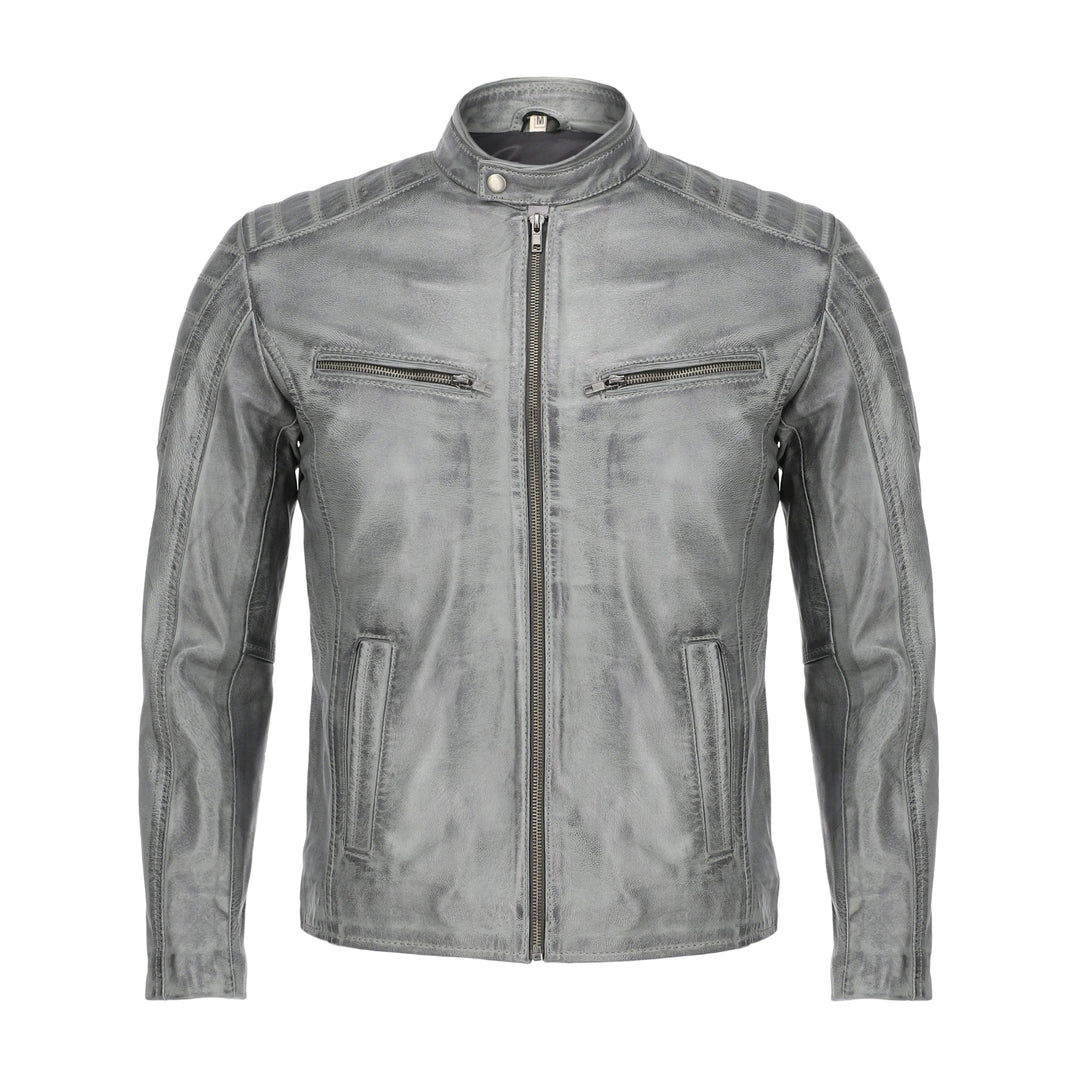 Mens Grey Wax Lambskin Biker Style Leather Jacket