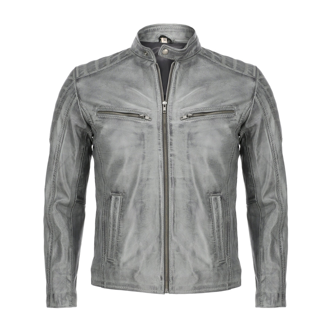 Mens Grey Wax Lambskin Biker Style Leather Jacket