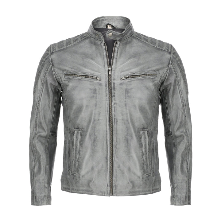 Mens Grey Wax Lambskin Biker Style Leather Jacket