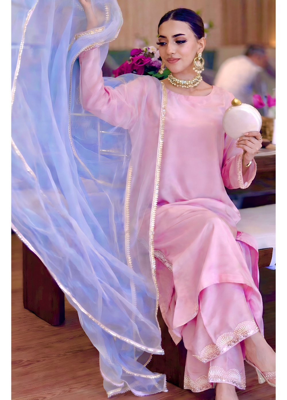 The Opulence by Girl Store RTW Solids Raw Silk 3 Piece Suit Bluebell Blossom - Eid Collection