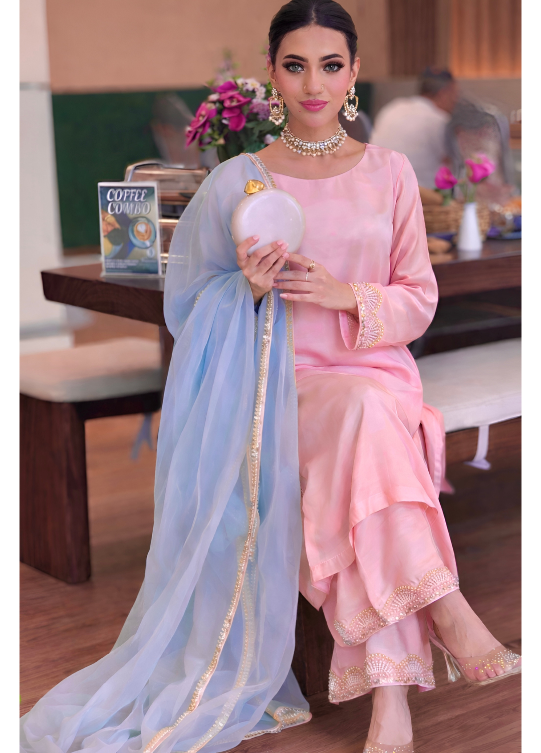 The Opulence by Girl Store RTW Solids Raw Silk 3 Piece Suit Bluebell Blossom - Eid Collection