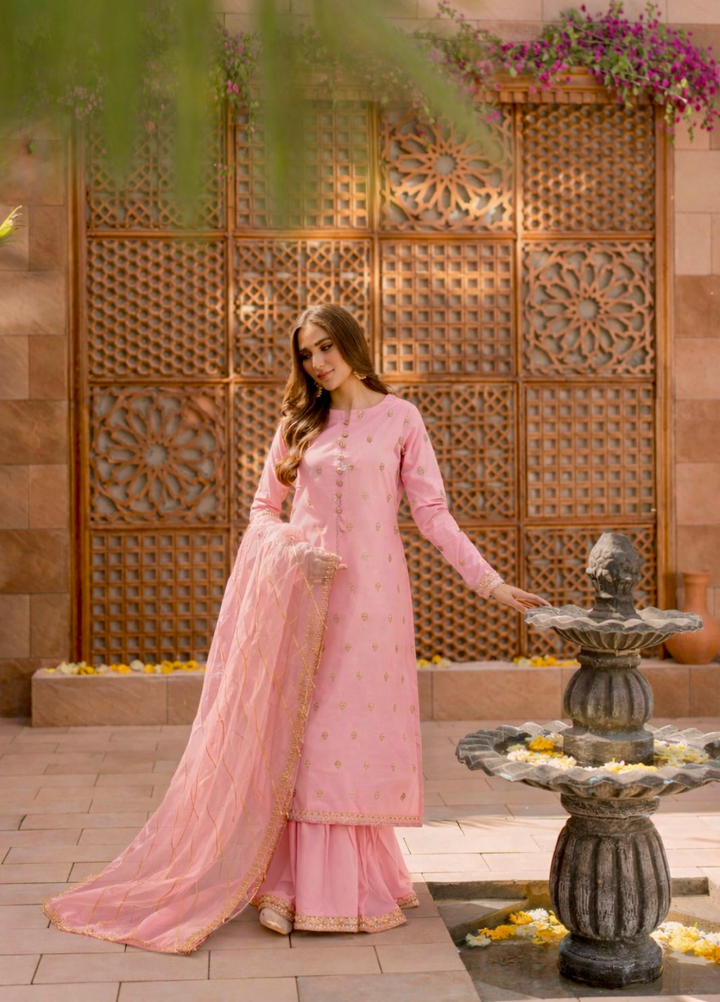 The Opulence by Girl Store RTW Solids Katan Silk 3 Piece Suit Blush Whisper - Eid Collection