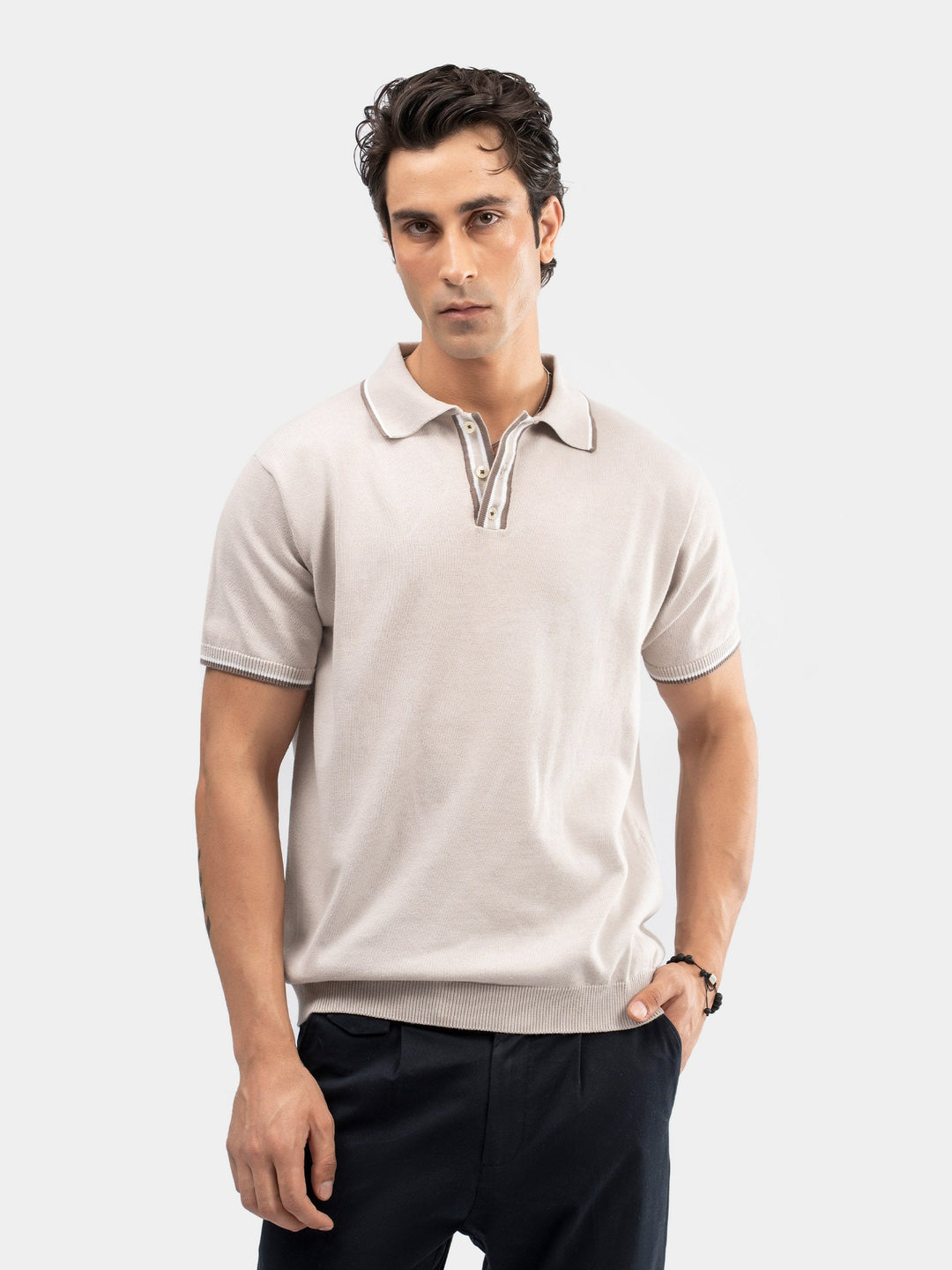 Brumano Mens RTW Solids Cotton Polo T-Shirt Beige Contrasting Placket Casual Collection