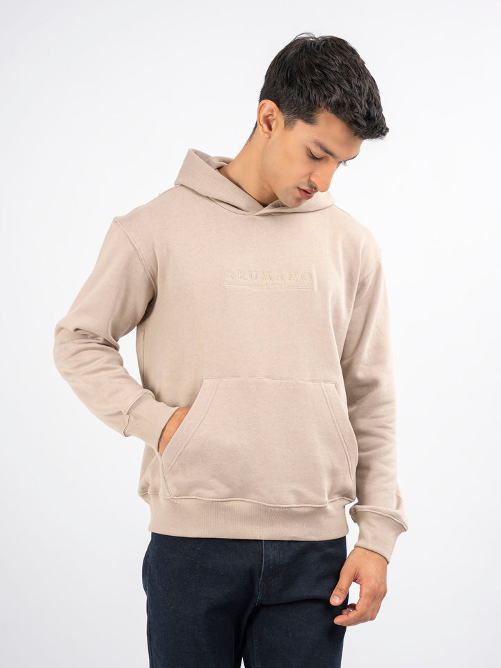 Brumano Embroidered Fleece Beige Embroidered Relaxed Fit Hoodie - Winter Collection