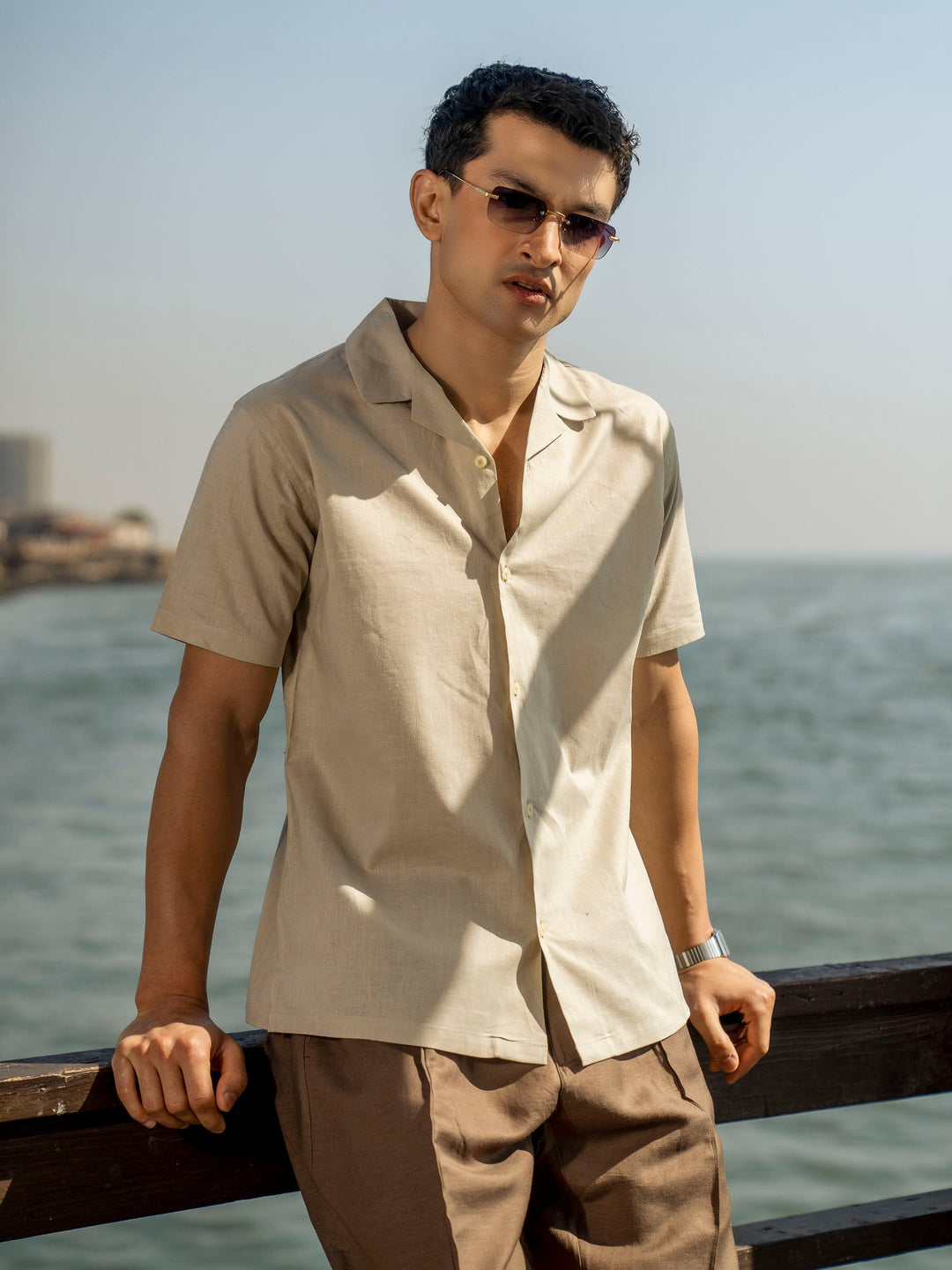 Brumano Ready To Wear Shirts Men 1 Piece Cotton Beige Linen Blended Half Sleeve Cuban Collar Shirt 0-33-025-4243 - Summer Collection