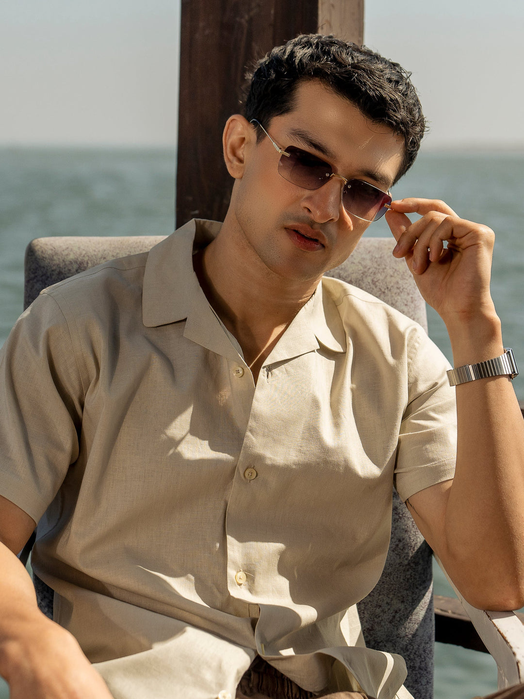 Brumano Ready To Wear Shirts Men 1 Piece Cotton Beige Linen Blended Half Sleeve Cuban Collar Shirt 0-33-025-4243 - Summer Collection