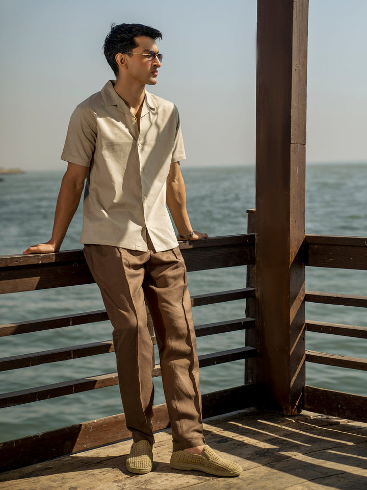 Brumano Ready To Wear Shirts Men 1 Piece Cotton Beige Linen Blended Half Sleeve Cuban Collar Shirt 0-33-025-4243 - Summer Collection