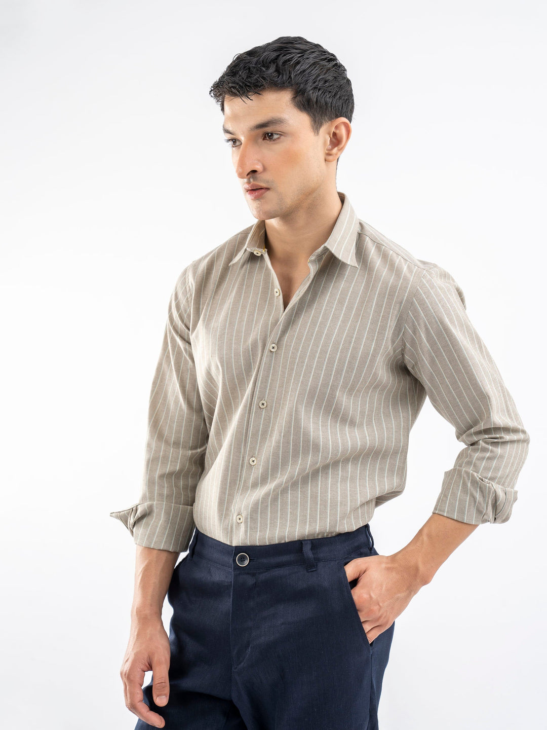 Brumano Ready To Wear Shirts Men 1 Piece Cotton Beige Linen Striped Oxford Shirt 0-31-025-4184 - Summer Collection