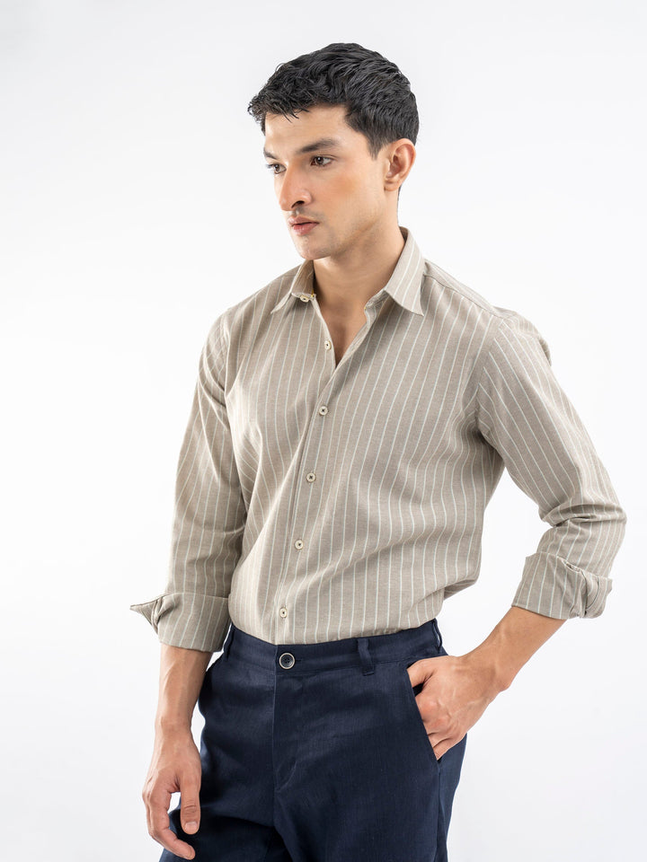 Brumano Ready To Wear Shirts Men 1 Piece Cotton Beige Linen Striped Oxford Shirt 0-31-025-4184 - Summer Collection