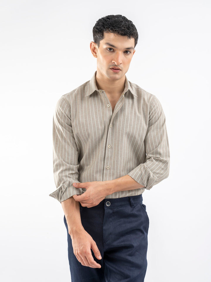 Brumano Ready To Wear Shirts Men 1 Piece Cotton Beige Linen Striped Oxford Shirt 0-31-025-4184 - Summer Collection
