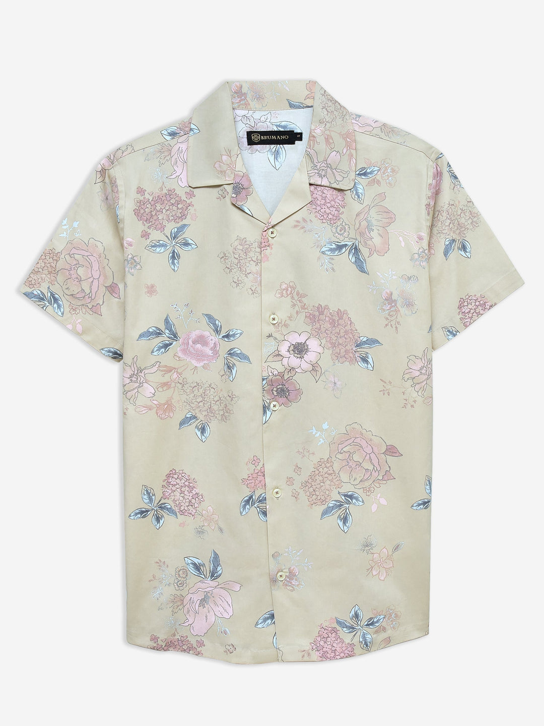 Brumano Mens RTW Solids Cotton Shirt Beige Cuban Collar Casual Collection