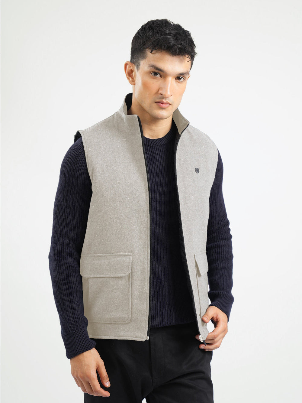 Brumano Mens RTW Solids Cotton Jacket Beige Sleeveless Jacket Winter Collection