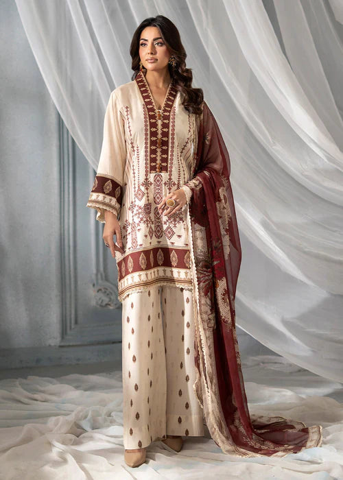 Meerak Women Embroidered Linen Beige Rose - Winter Collection