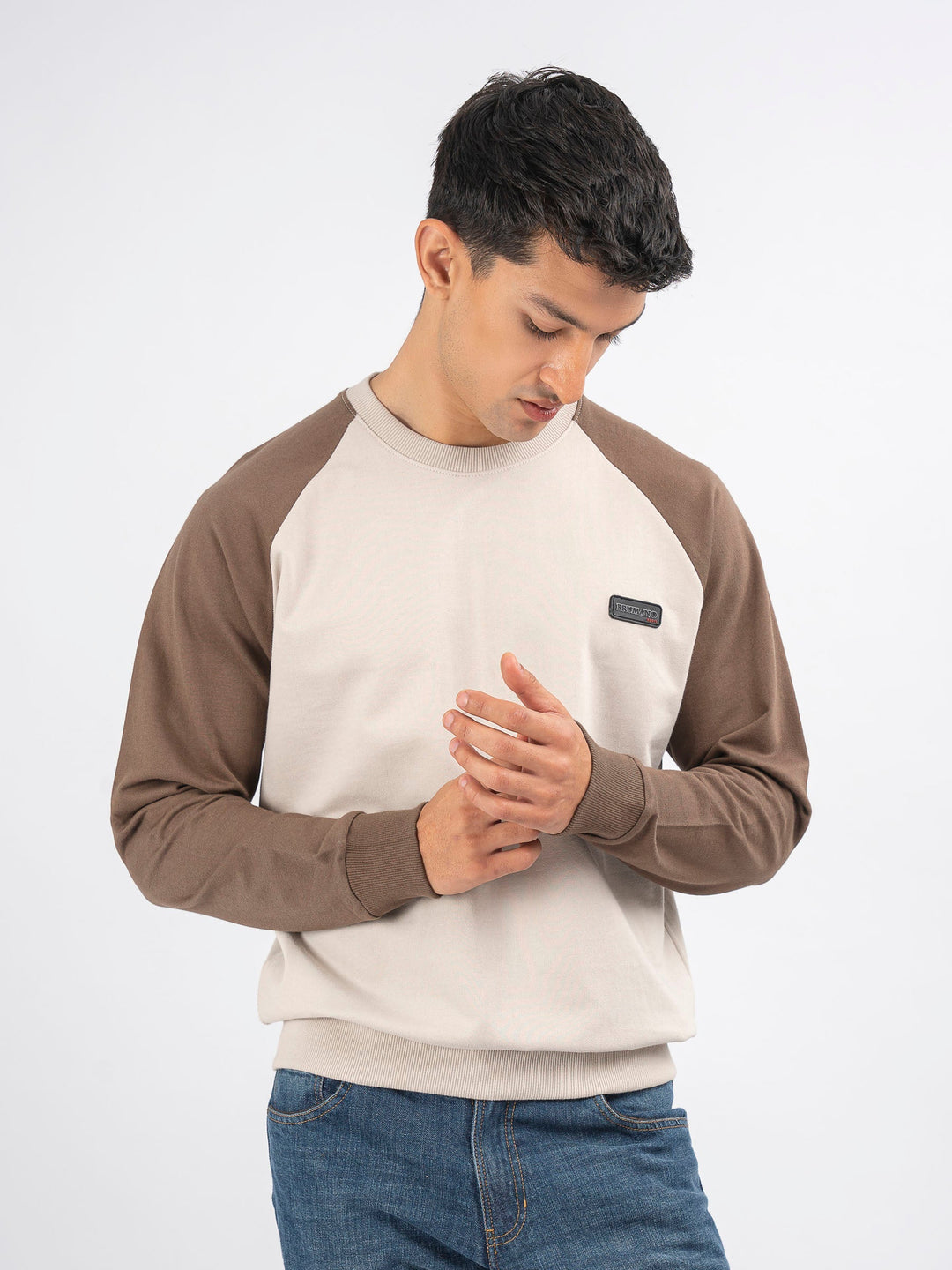 Brumano Ready To Wear Solids Cotton 1 Piece Men Beige & Brown Raglan Sleeves Crew Neck Sweatshirt 0-45-024-4302 - Winter Collection