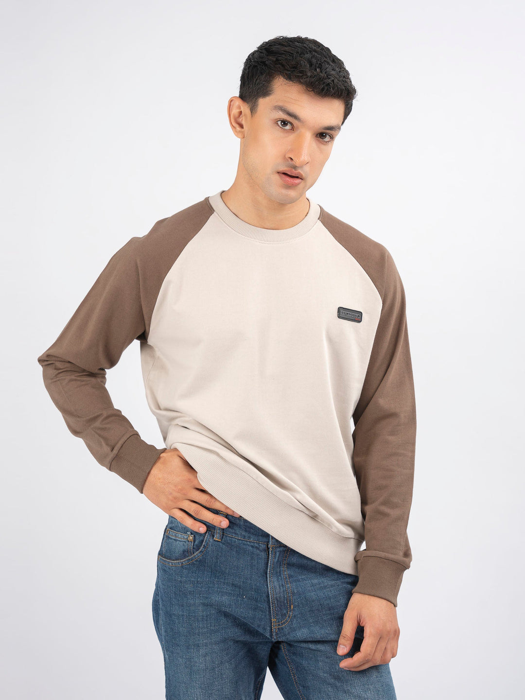 Brumano Ready To Wear Solids Cotton 1 Piece Men Beige & Brown Raglan Sleeves Crew Neck Sweatshirt 0-45-024-4302 - Winter Collection