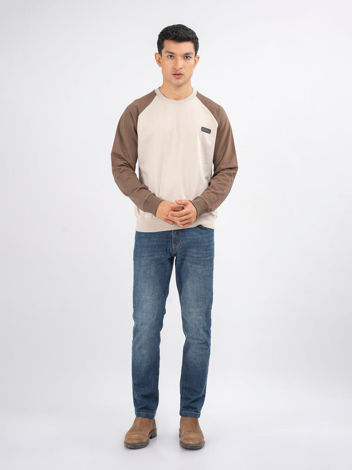 Brumano Ready To Wear Solids Cotton 1 Piece Men Beige & Brown Raglan Sleeves Crew Neck Sweatshirt 0-45-024-4302 - Winter Collection