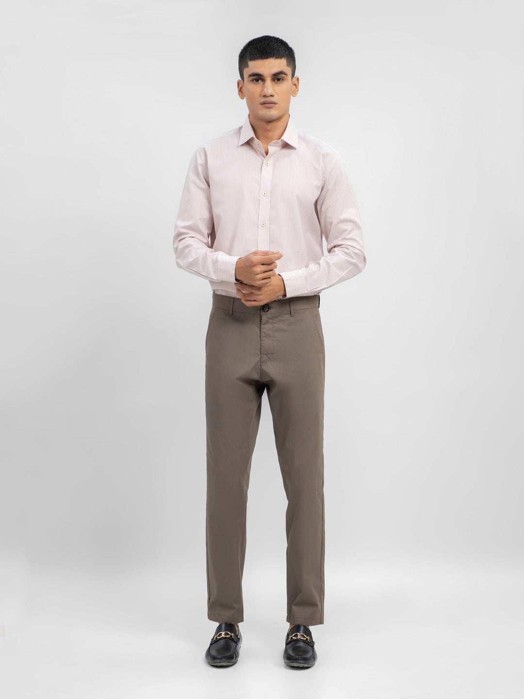 Brumano Ready To Wear Shirts Men 1 Piece Cotton Beige & Pink Checkered Shirt With Inner Collar Detailing 0-32-023-1644 - Summer Collection