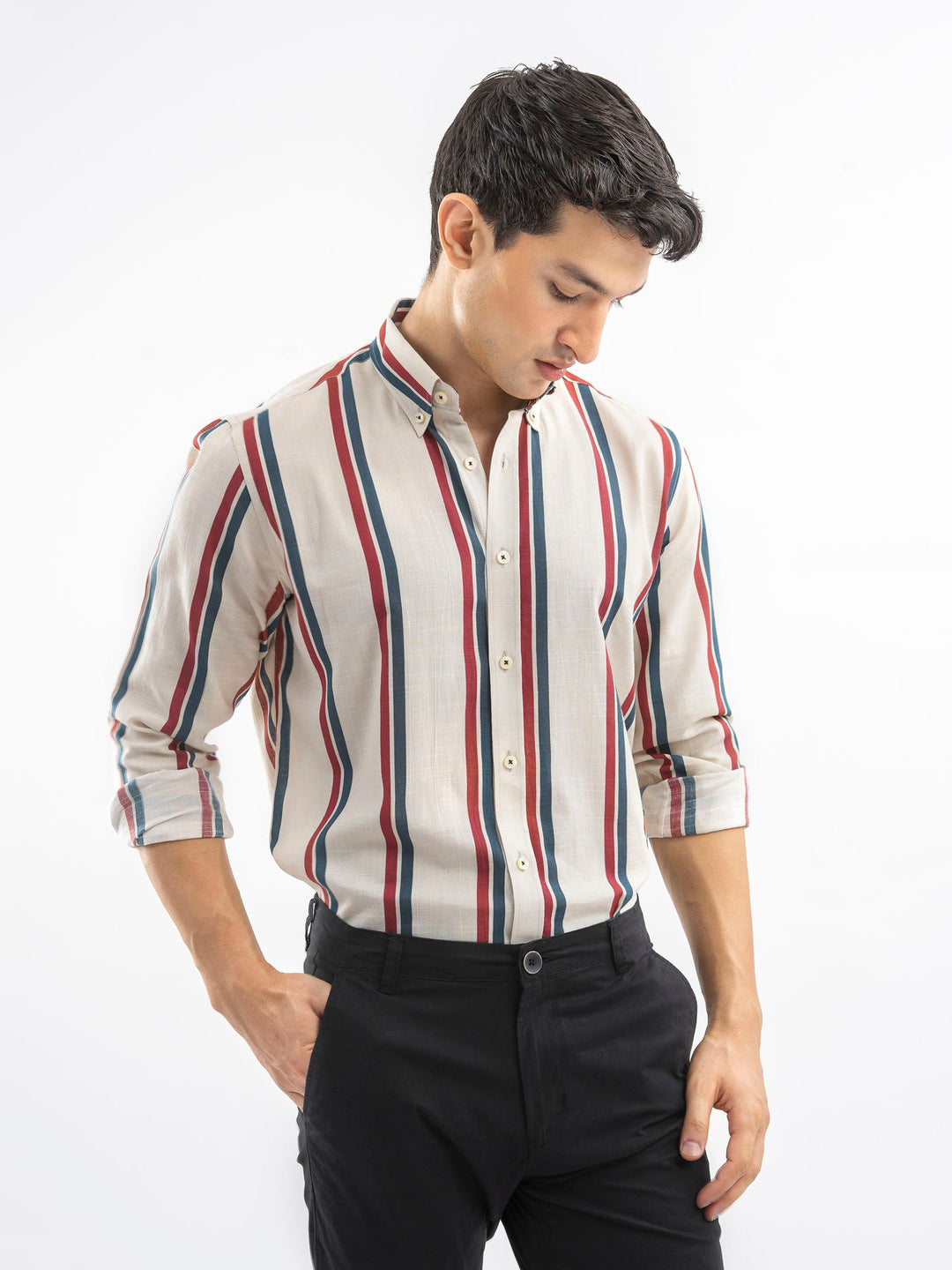 Brumano Ready To Wear Shirts Men 1 Piece Cotton Beige & Red Bold Striped Button Down Shirt 0-31-025-4401 - Summer Collection