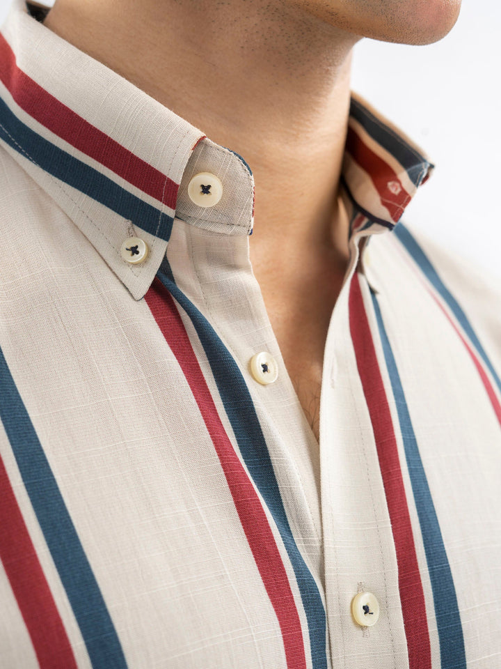 Brumano Ready To Wear Shirts Men 1 Piece Cotton Beige & Red Bold Striped Button Down Shirt 0-31-025-4401 - Summer Collection