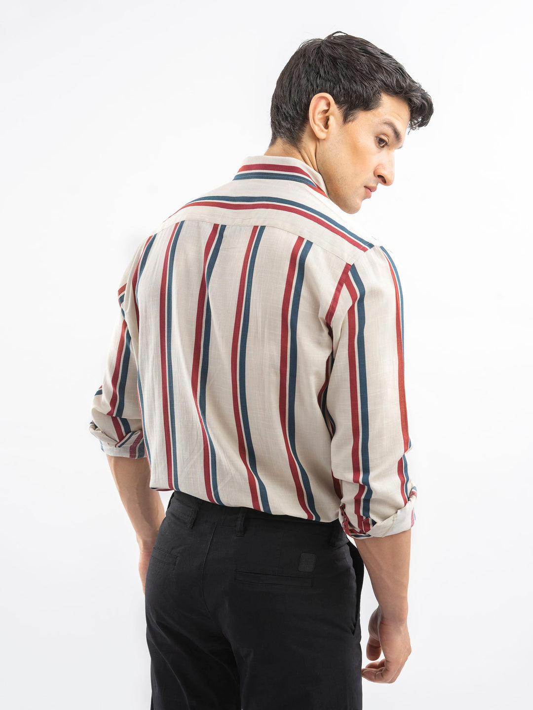Brumano Ready To Wear Shirts Men 1 Piece Cotton Beige & Red Bold Striped Button Down Shirt 0-31-025-4401 - Summer Collection