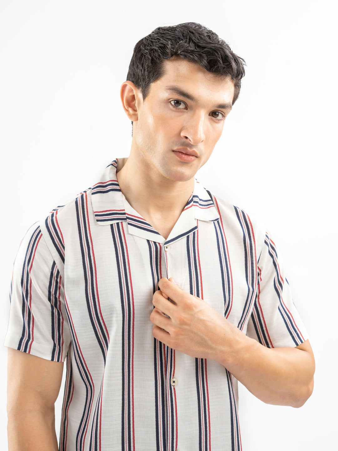 Brumano Ready To Wear Shirts Men 1 Piece Cotton Beige & Red Striped Cuban Collar Shirt 0-33-025-4407 - Summer Collection