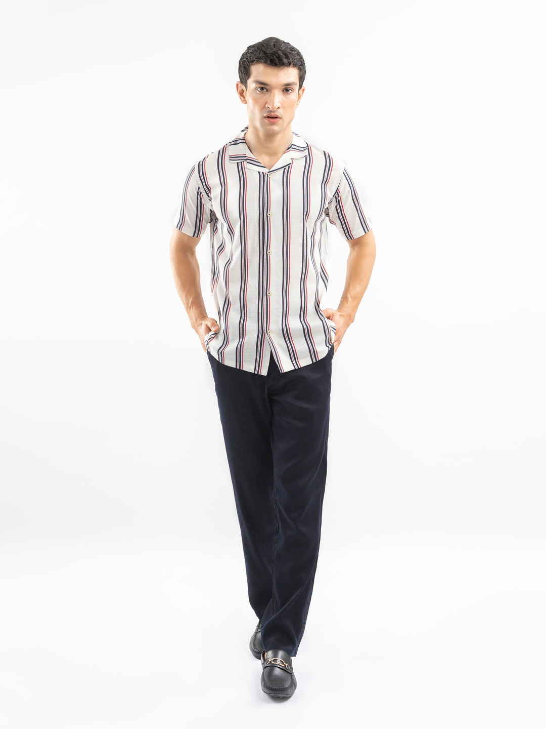 Brumano Ready To Wear Shirts Men 1 Piece Cotton Beige & Red Striped Cuban Collar Shirt 0-33-025-4407 - Summer Collection