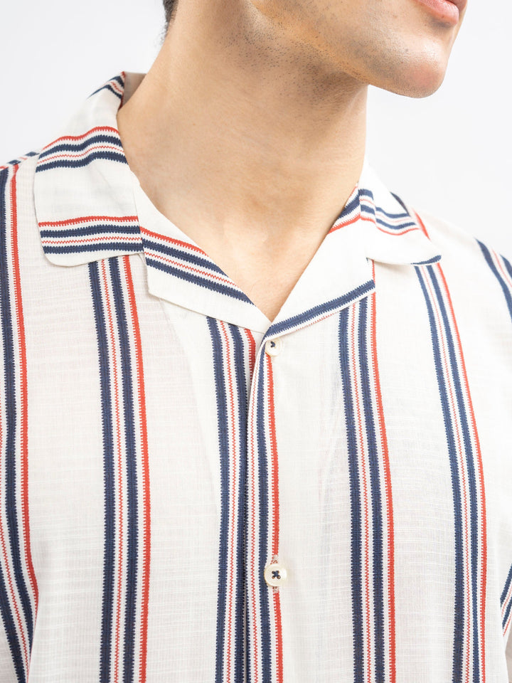 Brumano Ready To Wear Shirts Men 1 Piece Cotton Beige & Red Striped Cuban Collar Shirt 0-33-025-4407 - Summer Collection