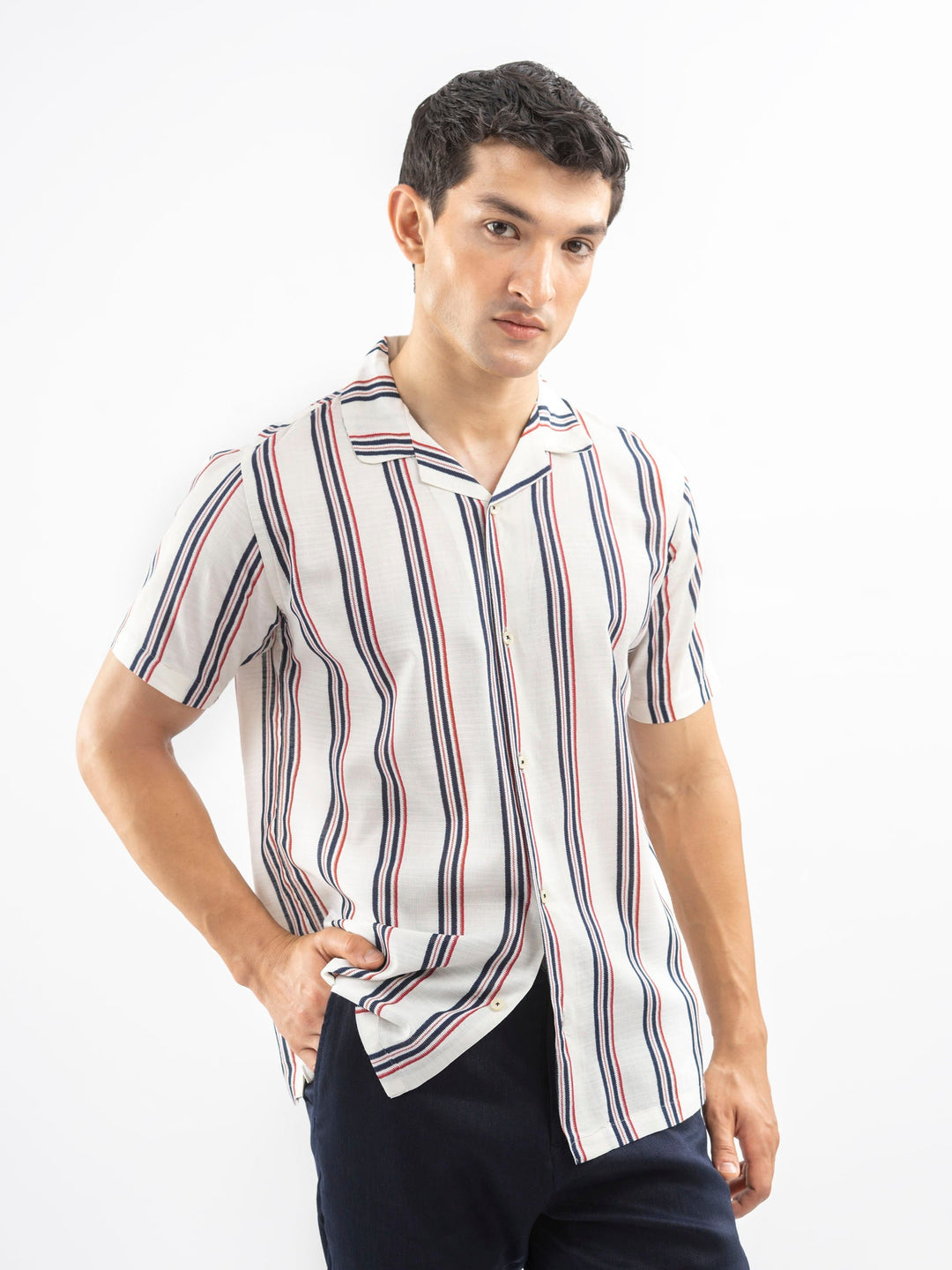 Brumano Mens RTW Solids Cotton Shirt Beige N Red Cuban Collar Casual Collection