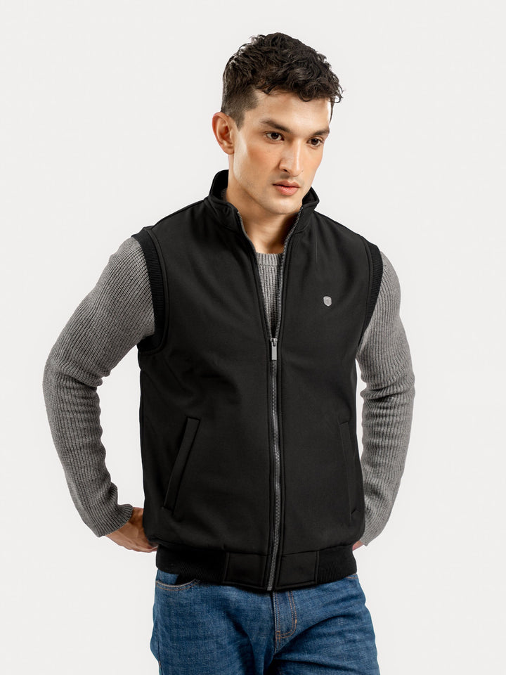 Brumano Mens RTW Solids Poly Jacket Black Sleeveless Zipper Jacket Winter Collection