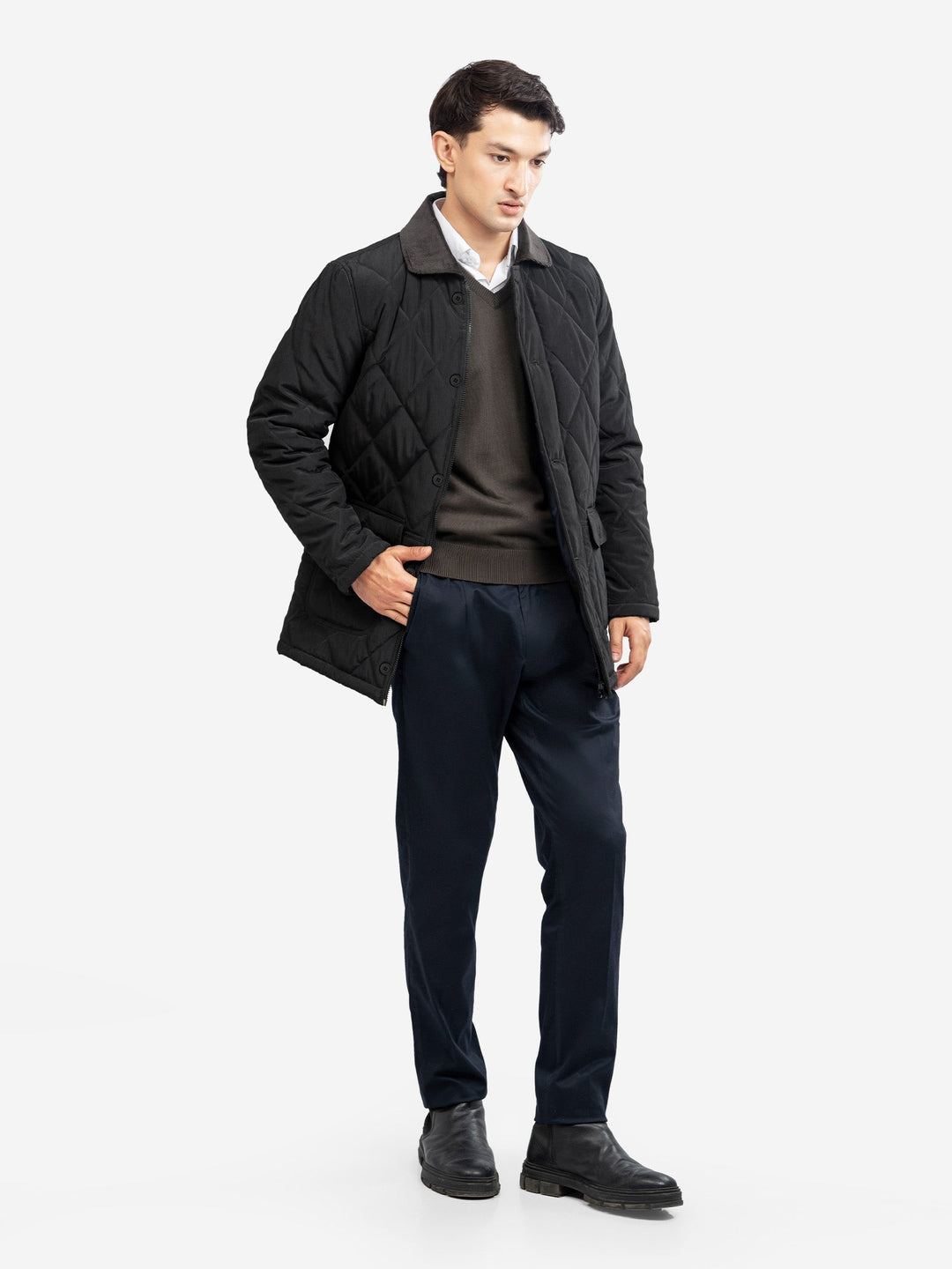 Brumano Mens RTW Solids Poly 1 Piece Black Sportsquilt With Corduroy Collar Winter Collection