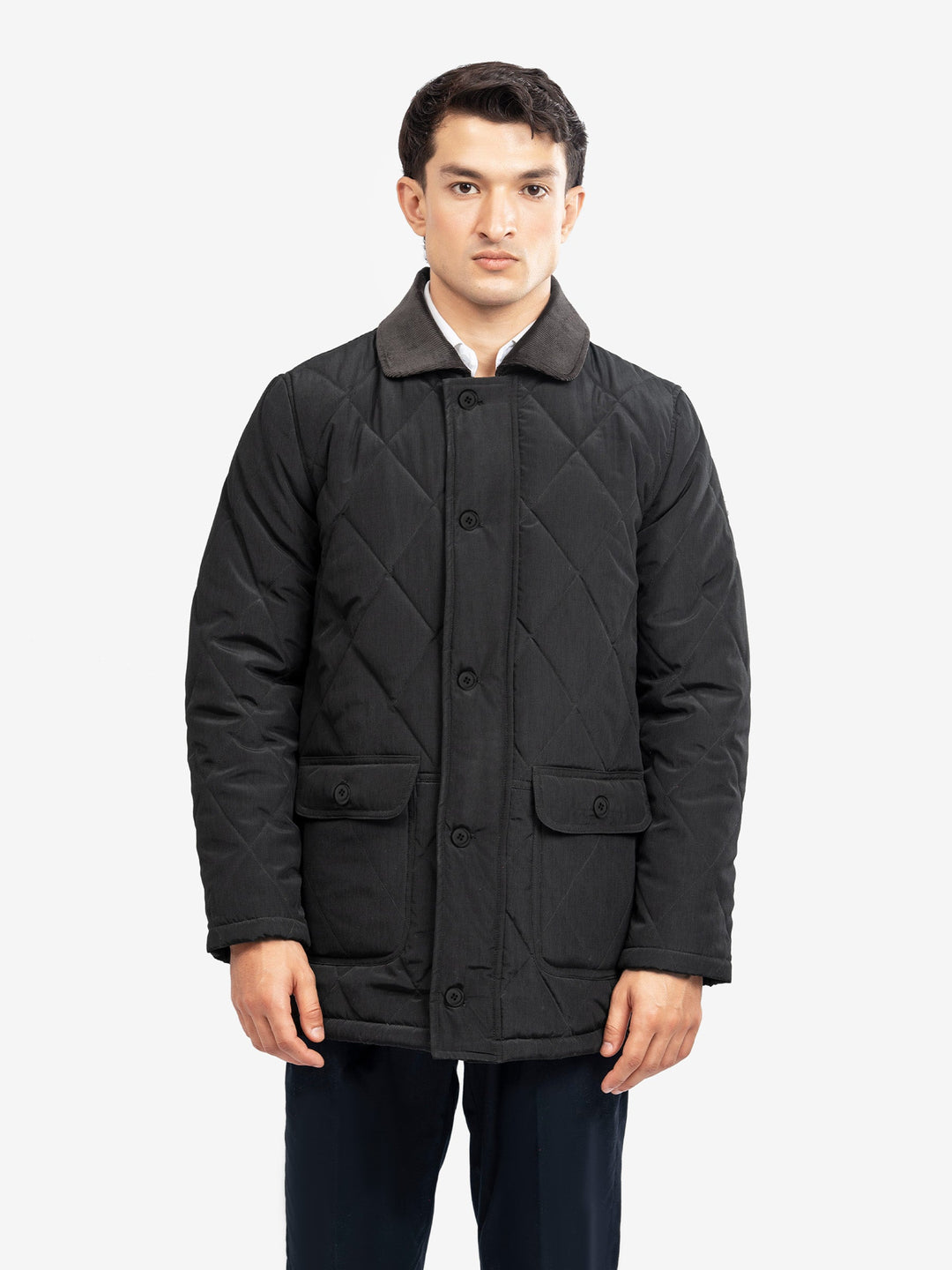 Brumano Mens RTW Solids Poly 1 Piece Black Sportsquilt With Corduroy Collar Winter Collection