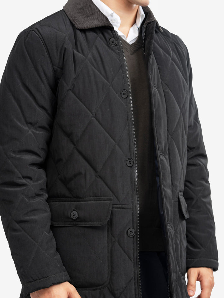 Brumano Mens RTW Solids Poly 1 Piece Black Sportsquilt With Corduroy Collar Winter Collection