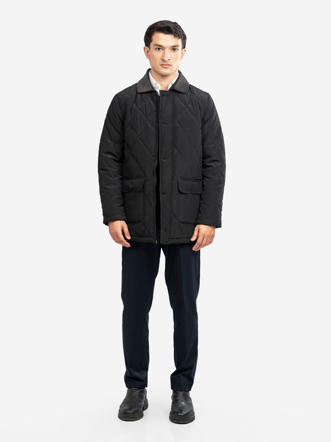 Brumano Mens RTW Solids Poly 1 Piece Black Sportsquilt With Corduroy Collar Winter Collection