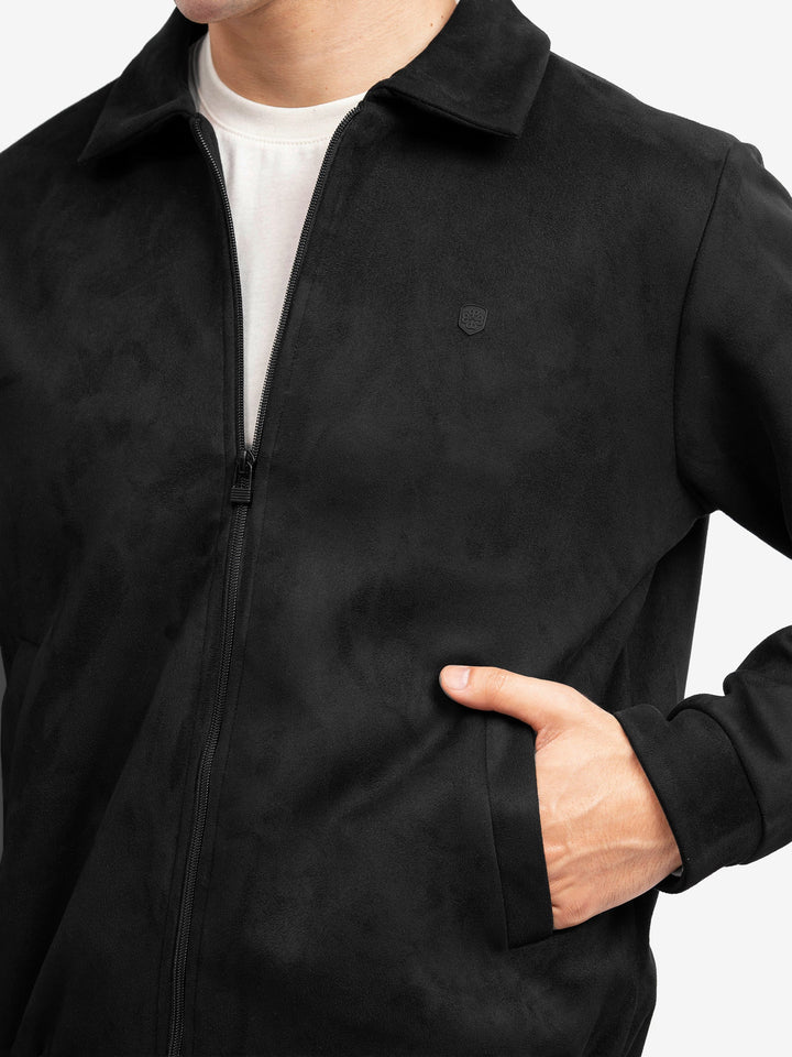 Brumano Mens RTW Solids Poly 1 Piece Black Suede Collar Jacket Winter Collection
