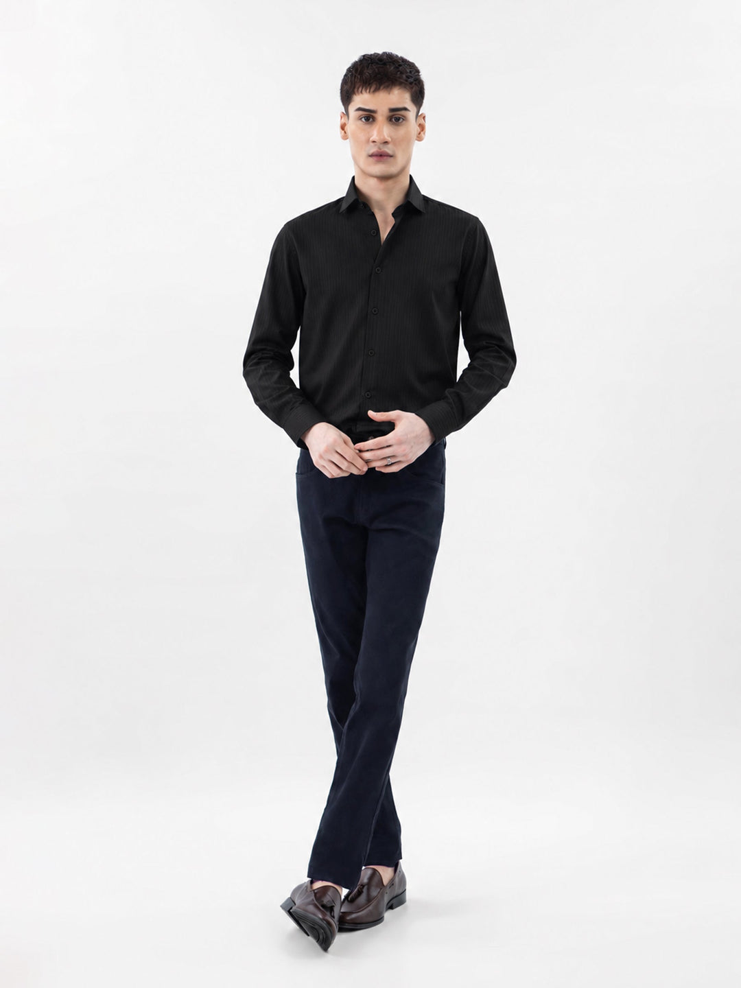 Brumano Mens RTW Solids Cotton Shirt Black Self Striped Casual Collection