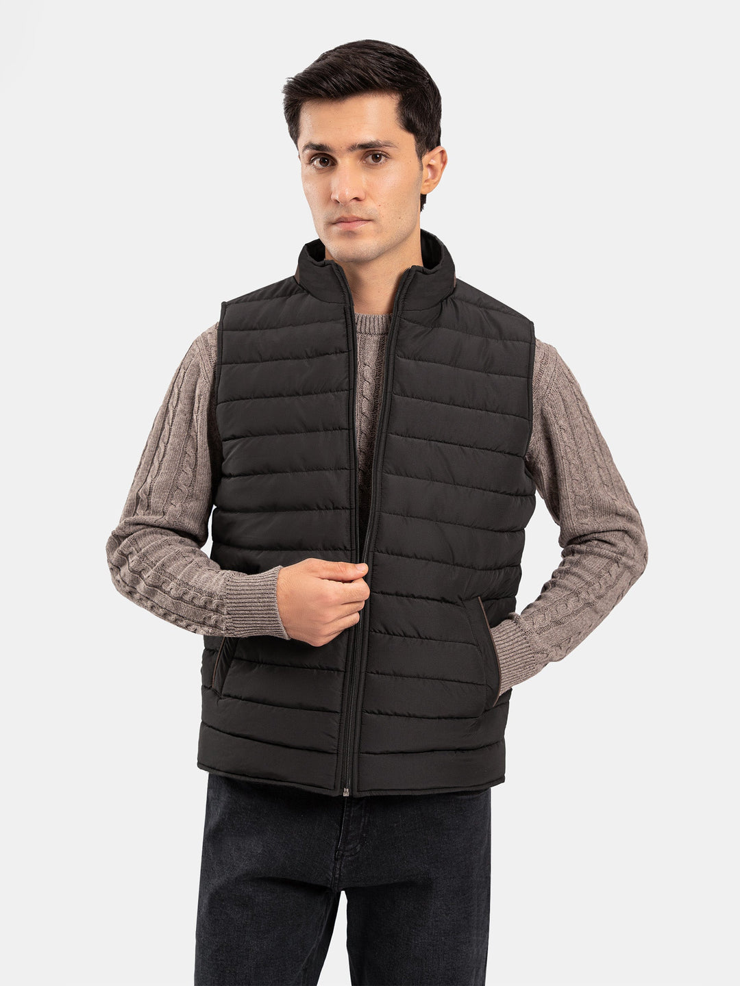 Brumano Mens RTW Solids Poly Jacket Suit Black Puffer With Leather Detailing Winter Collection